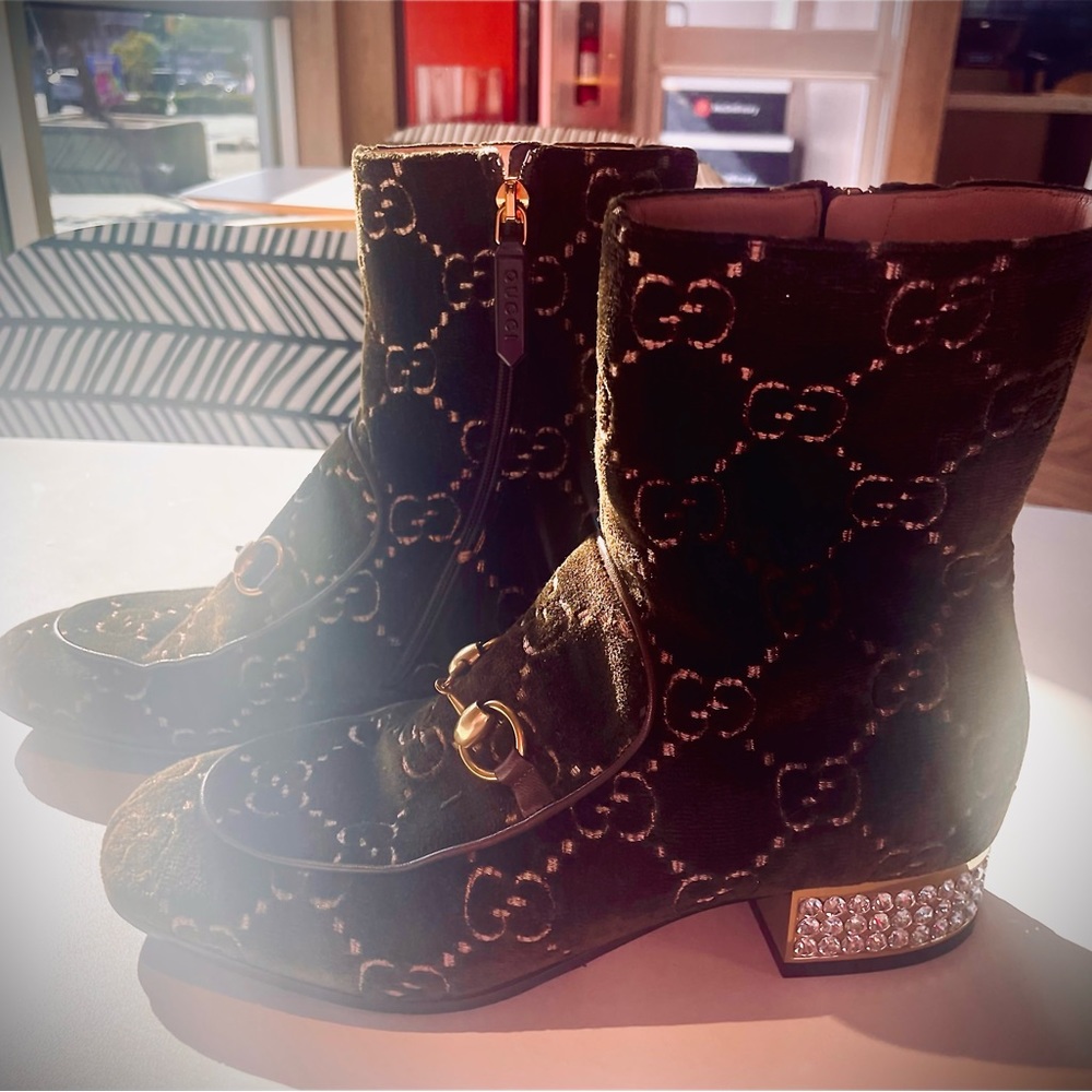 Gucci Authentic Velvet Boots Shoes GG Malaga with Crystals 🌟